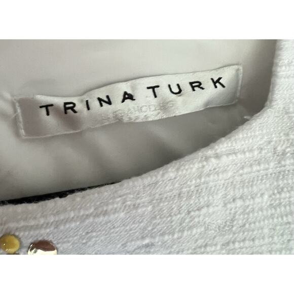 TRINA TURK White Textured Beaded Retro MOD Beachy Shift Sheath Dress Sz Small - Picture 6 of 9